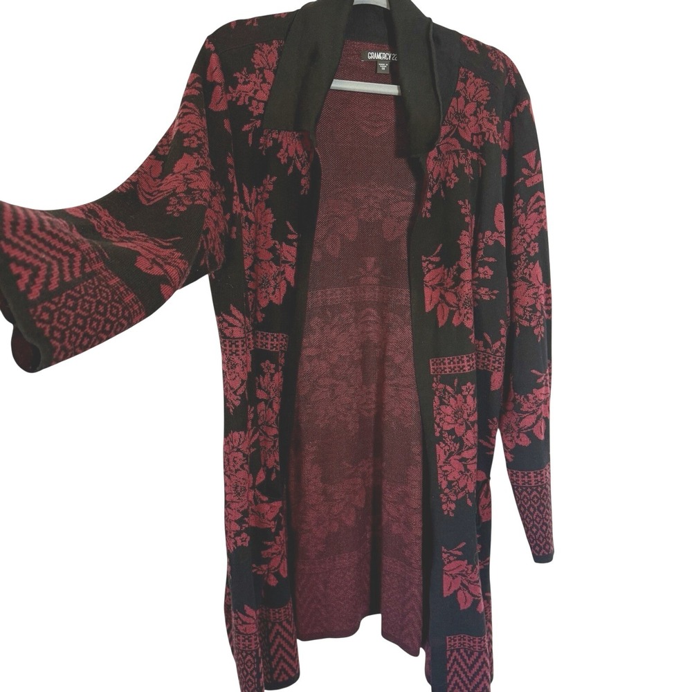 Gramercy 22 Cardigan Women 1X Black Burgundy Floral‎ Longline Open Front
